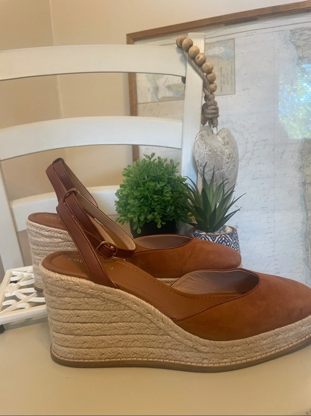 Cole Haan Women's Cognac Suede Espadrille Wedge Sandals Sz9.5 or 10 NEW